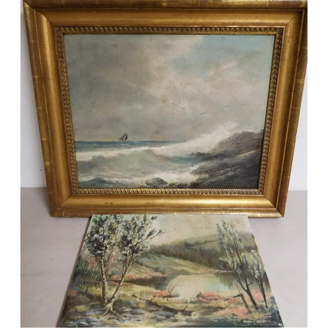 2 Paintings Oil on Canvas.: 2 Paintings Oil on Canvas. 1 is Probably Russian Antique. The Other one is Vintage, Signed Lower Right.Condition: Generally Good.Dimensions: Larger- Sight- 20" x 16", Frame- 24.5" x 20.5".Provenance: