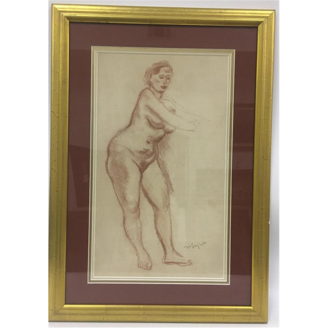 Painting Red Charcoal on Paper by Moses Soyer: Painting Red Charcoal on Paper by Moses Soyer, American (1899-1974) Nude. Condition: Generally Very Good Condition. Beautifully Matted & Framed. Dimensions: Sight- 12" x 19", Frame- 18" x 25". Provena