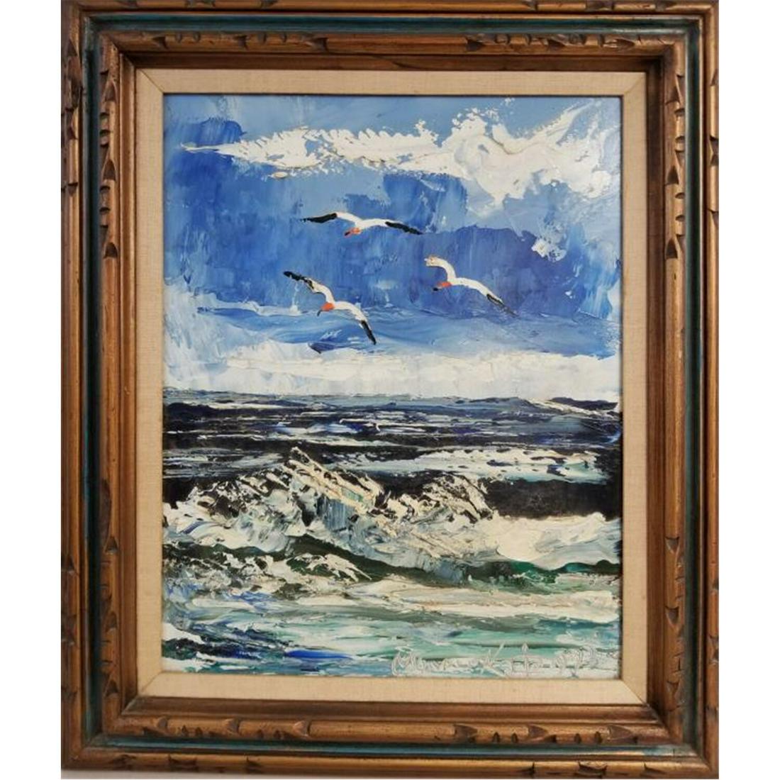 Painting Oil on Board by Morris Katz, American: Painting Oil on Board by Morris Katz, American (1931-2010) Sea Scape. Condition: Generally Good Condition. In Original Frame. Dimensions: Sight- 20" x 16". Frame- 127" x 23". Provenance: From a Long I