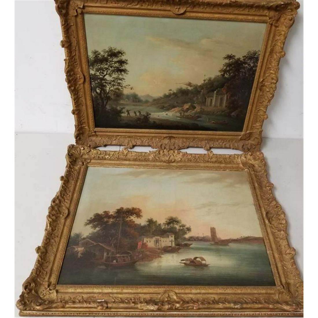 2 Antique Paintings Oil Canvas Chinese River Scene (1 of 11)