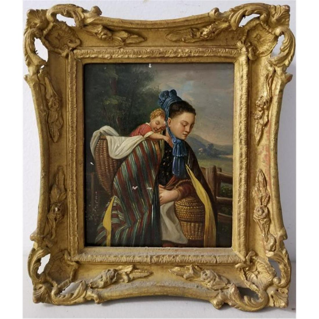 Antique Painting Oil on Tin: Antique Painting Oil on Tin. Appears to be in Original Frame. Condition: Generally Good Condition. Missing Paint in a Few Small Areas.Dimensions: Sight- 8.25" x 6.75". Frame- 11" x 9.5".Provenance: Fr