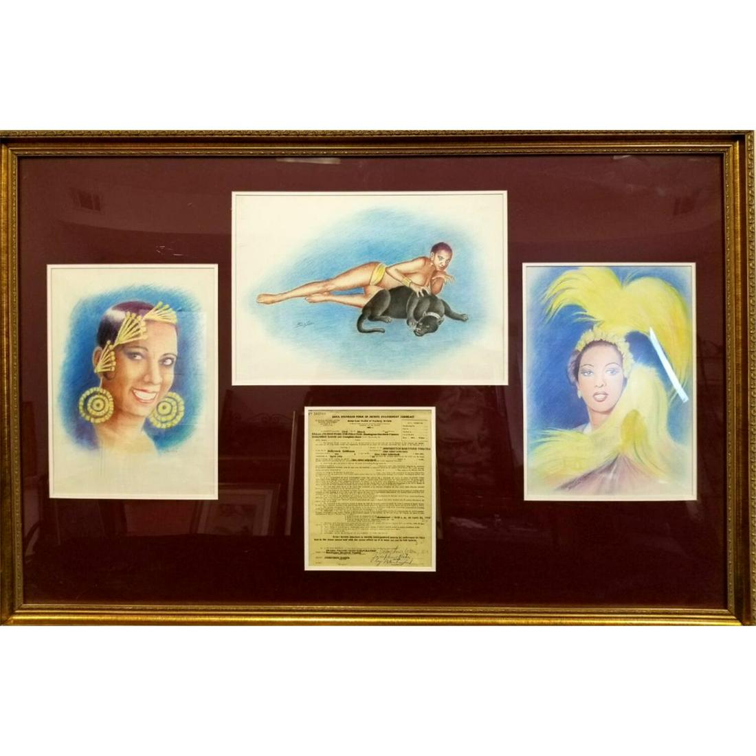 3 Pastel Paintings, Abe Blashko of Josephine Baker: Rare Large Unusual 3 Pastel Paintings by Abe Blashko, American (Born 1920) of Josephine Baker; French/American (1906-1975) w/ Original Signed Contract Dated April 29,1960 for Her Engagement in a Theat