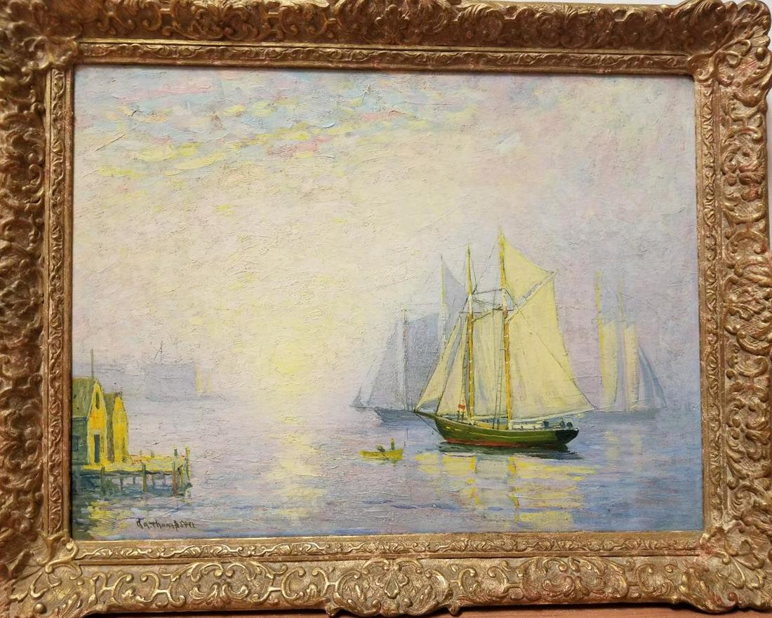 Painting Oil on Board by George A. Thompson: Painting Oil on Board by George A. Thompson, American (1868-1938). Titled "Dawn Mystic, CT" Dated 1926 w/ Original Frame & Documents. Signed Lower Left & On The Back.Condition: Excellent Condition.Dim