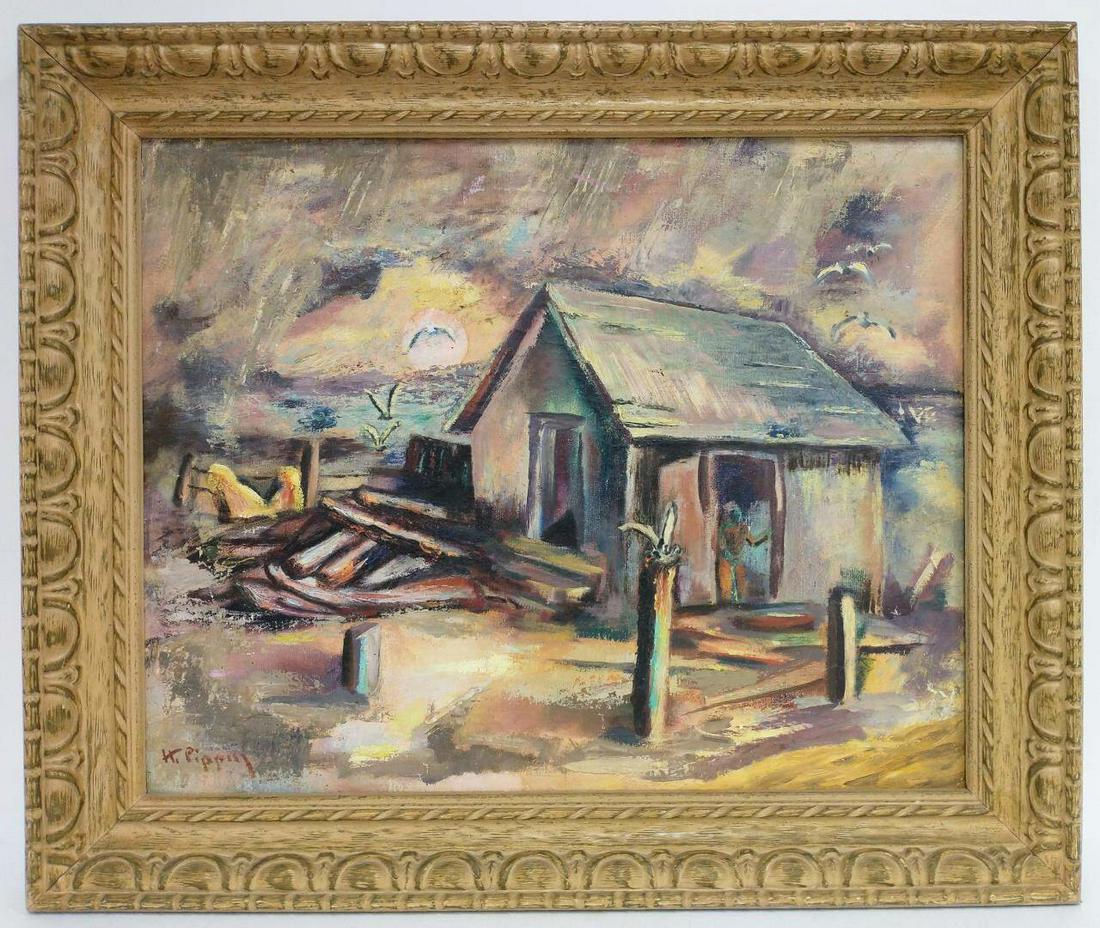 Important Painting Oil on Board by Horace Pippin.: Important Painting Oil on Board by Horace Pippin, American (1888-1946), Signed Lower Left. Horace Pippin was a self taught American black artist. And some of his best known works addresses the US hist