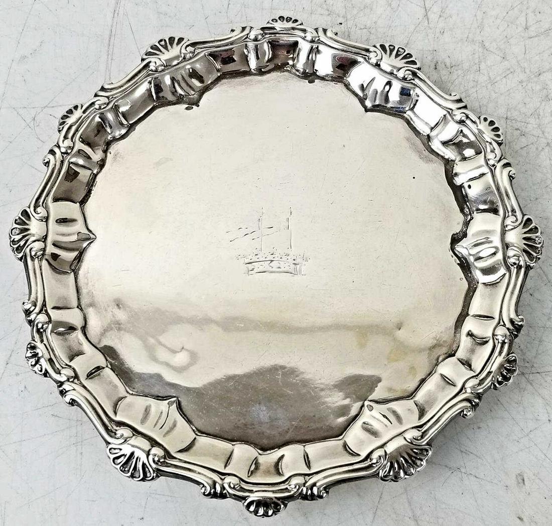 English George III Sterling Silver Salver c.1766: English George III Sterling Silver Salver by Ebenezer Coker, London c.1766. Fully Hallmarked. Condition: Generally Good Condition. Monogrammed. Dimensions: Dia-6.75" x H-1".Weight: 200.5g/6.44ozt.Prov