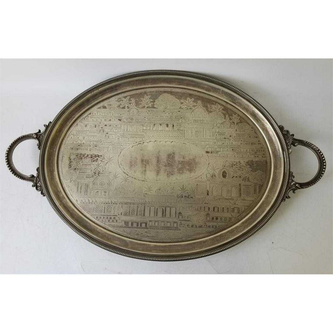 Unusual Rare Antique Indian Silver Plate Tray.: Unusual Rare Antique Indian Silver Plate Tray by P. Orr & Sons, Madras. Beautifully Hand Chased, with Middle Eastern Town Scene. With ball & Claw Legs. Fully Hallmarked.Condition: Silver plating needs