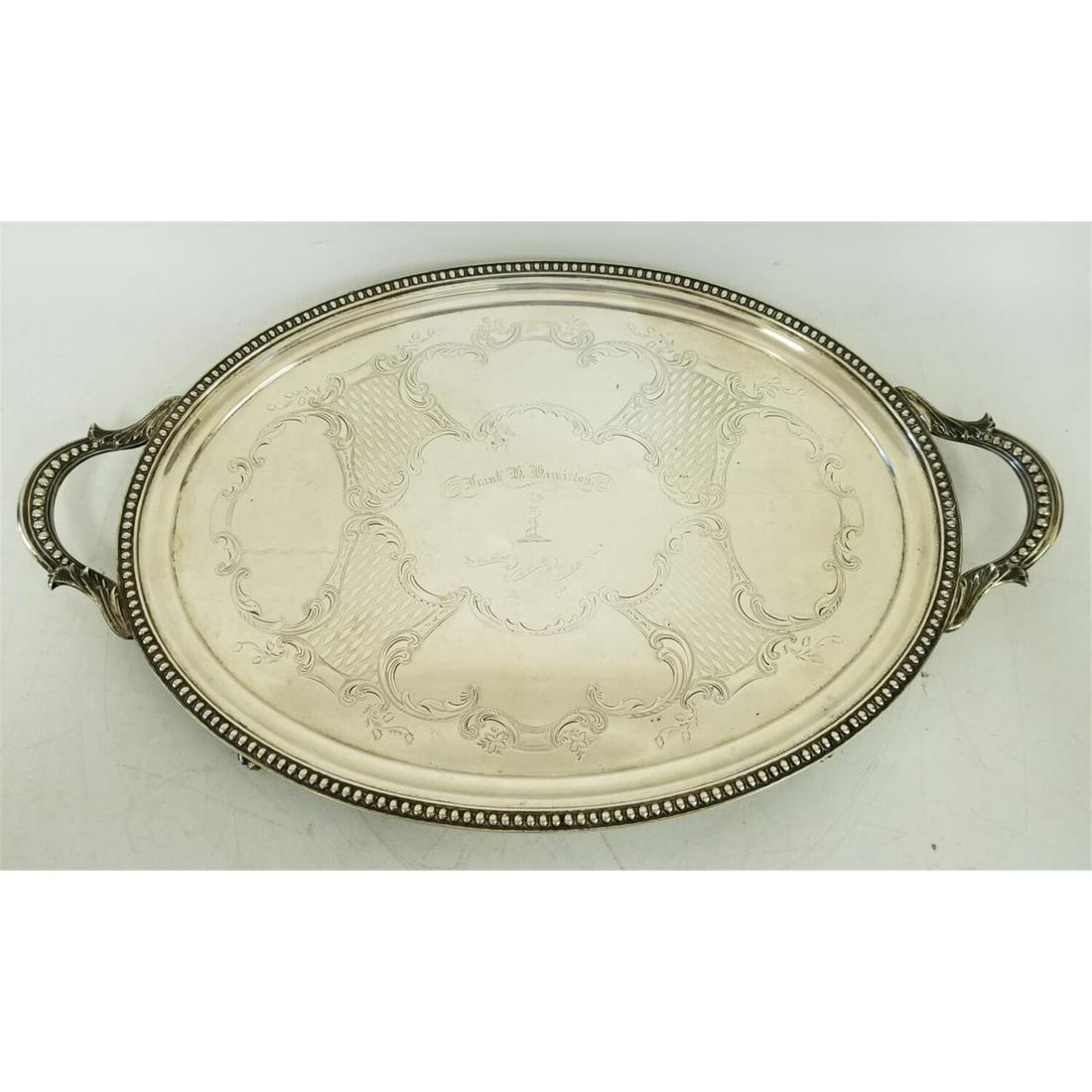 Important Coin Silver Gorham & Co. 2 Handle Tray.: Exceptional & Rare Historically Important Coin Silver Gorham & Co. 2 Handle Tray, Circa 1845. Fully Hallmarked. The center is engraved with snake around the pillar with a bird on top which is a symbol