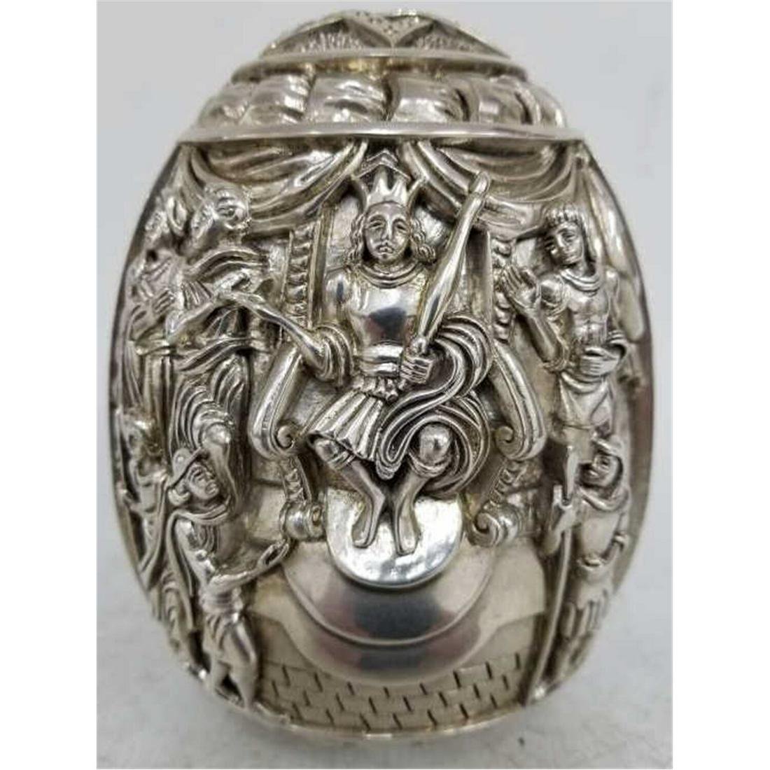 Judaica Heavy Silver Clad Large Egg Ornament: Judaica Heavy Silver Clad Large Egg Ornament w/ Stones. Made in Greece & Dated 1997. Condition: Generally Good.Dimensions: H-6" x Dia-4".Provenance: From a Long Island, NY Mansion. Please note the abs