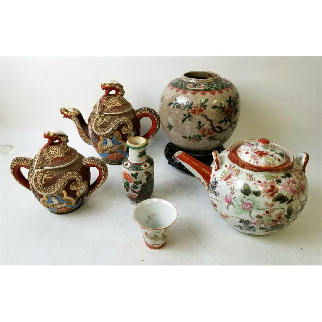 6pc Lot of Chinese Antique & Vintage Porcelain: 6pc Lot of Chinese Antique & Vintage Porcelain Items, Including Vases, Tea Pots, Bowl, Etc. Condition: Generally Good. As found.Dimensions: Vase including wood base H-9". Provenance: From a Long Islan