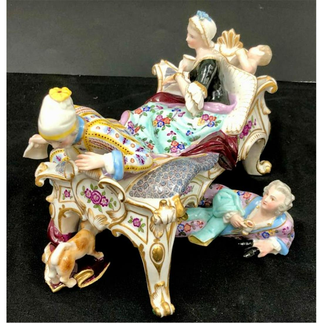 19thC Meissen Style 2 Piece Porcelain Figurine: 19thC Meissen Style 2 Piece Porcelain Figurine. Condition: Repaired.Dimensions: Larger Piece L-10" x W-5" x H-6.52".Provenance: From a Brooklyn, NY Home.Please note the absence of a condition report d