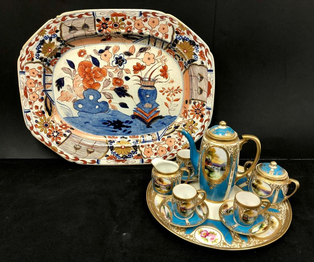 Nippon Japanese Hand Painted Art Deco Tea Set: Nippon Japanese Hand Painted Art Deco Tea Set Including Tray, Teapot, Covered Sugar, Milk, 3 Cups & Saucers Along w/ an Early Japanese Porcelain Platter. 11 Pieces Total. Condition: 1 Nippon Cup Has a