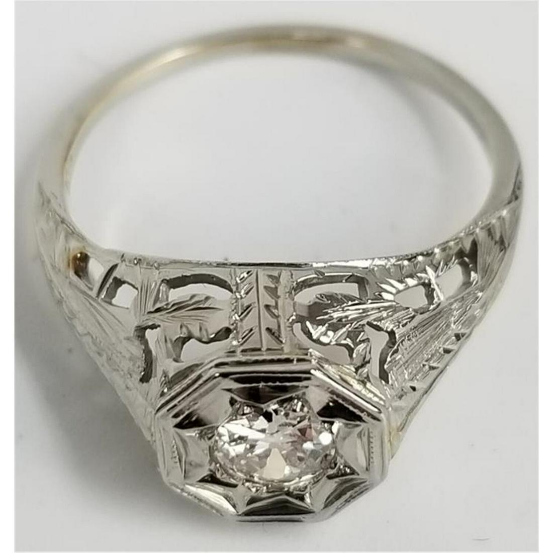 18K White Gold & Solitaire Diamond Art Deco Ring: 18K White Gold & Solitaire Diamond Art Deco Ring with .45 Carat of Old Cut Center Diamond.Condition: Excellent. Dimensions: Ring size 7.5Total Weight: 2.7g./1.8dwt.Provenance: From a Long Island, NY M