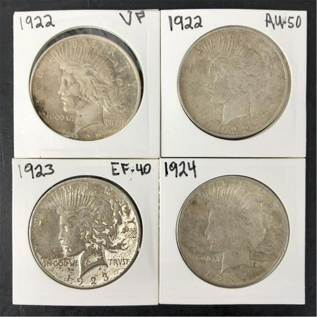 4 Peace Silver Dollars.: 4 Peace Silver Dollars, as Follows 1922, 1922 AU 50, 1923 EF 40 & 1924.Provenance: From a Long Island, NY Collector. Please note the absence of a condition report does not imply that there are no cond