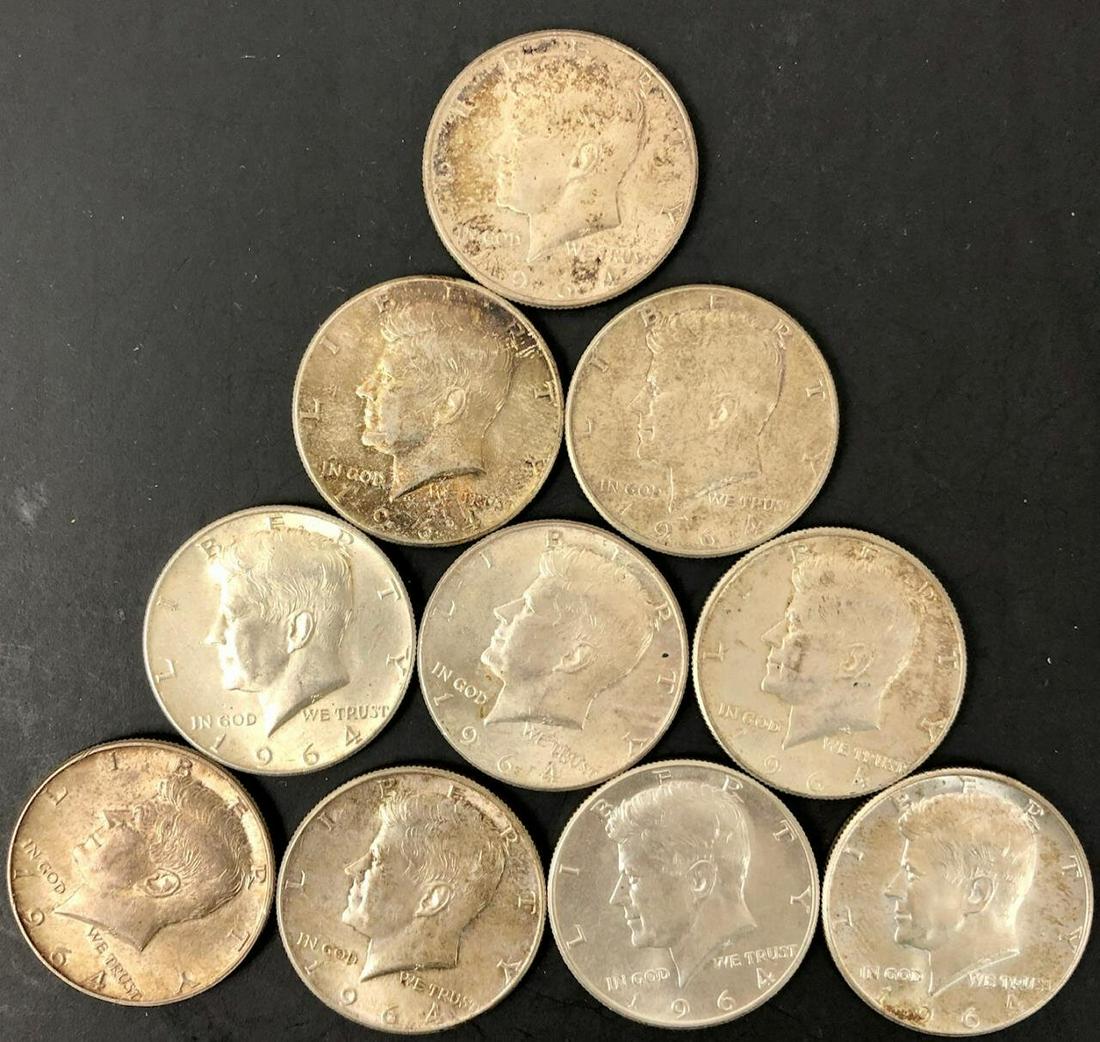 10 Kennedy Silver Half Dollars, 1964, Some BU.: 10 Kennedy Silver Half Dollars, 1964, Some BU.Provenance: From a Long Island, NY Collector. Please note the absence of a condition report does not imply that there are no condition issues with this lo