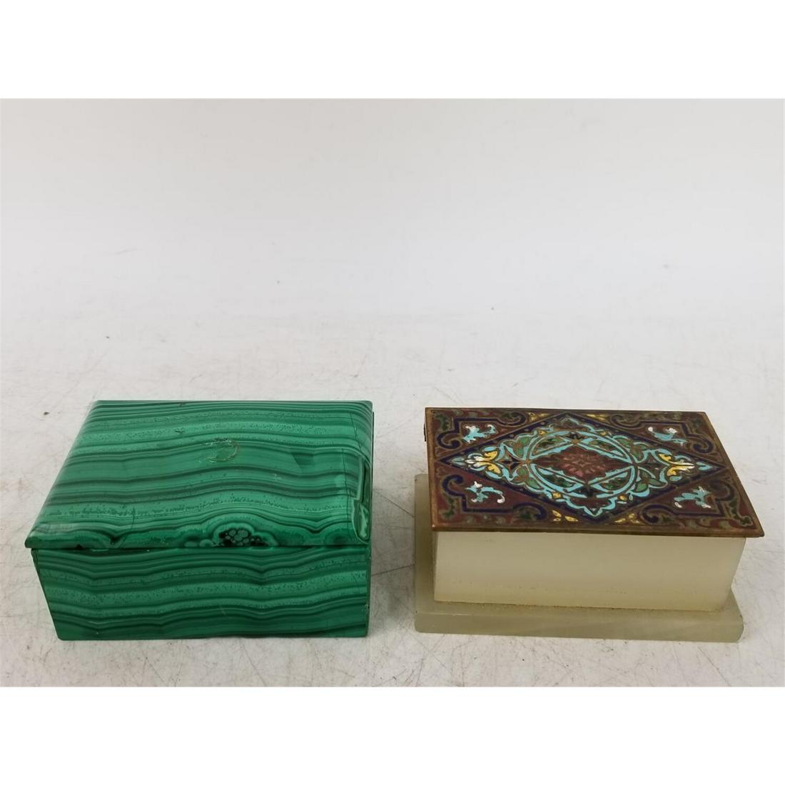 2 Vintage Boxes Malachite & Champleve w/ Onyx: Vintage Solid Malachite Covered Box Along w/ A French Champleve & Onyx Covered Box. Condition: Onyx Has a Chip to Corner Which Doesn't Allow Cover to Attach to Box on 1 Side. The Malachite is Missing