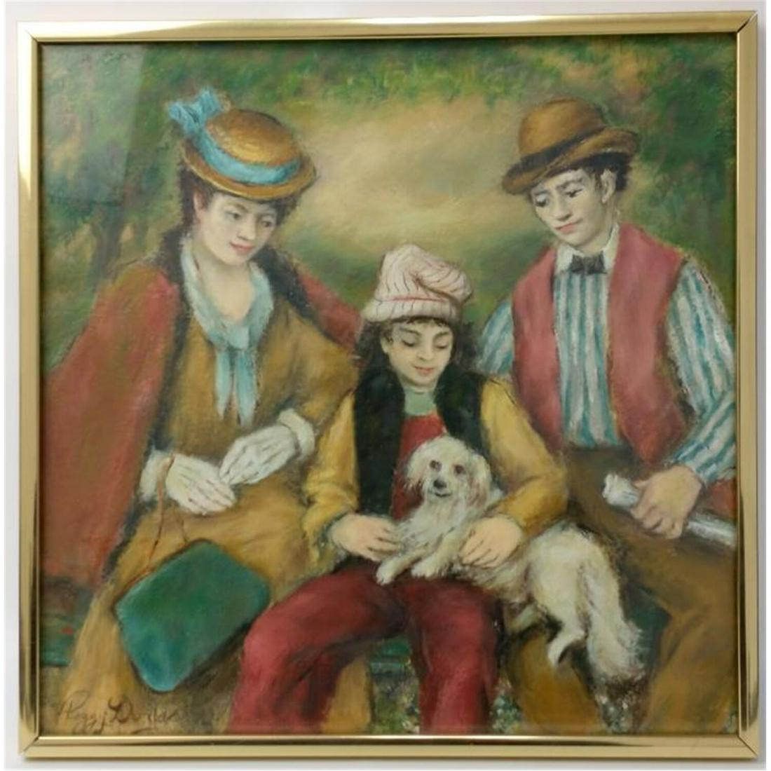 Painting Oil on Board by Peggy Dodds, American.: Painting Oil on Board by Peggy Dodds, American (1900-1987). Titled "Dodds Family Outing". Signed Lower Left. Condition: Generally Very Good. Dimensions: 12" x 12". Provenance: From a New Jersey Privat