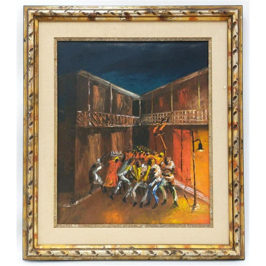 Painting Oil on Board by Charles Obas, Haitian.: Painting Oil on Board by Charles Obas, Haitian (1927-1968) "Street Dancers". In Original Frame. Condition: Excellent. Dimensions: Sight-24" x 20". Frame-33" x 28". Provenance: From a New Jersey Privat