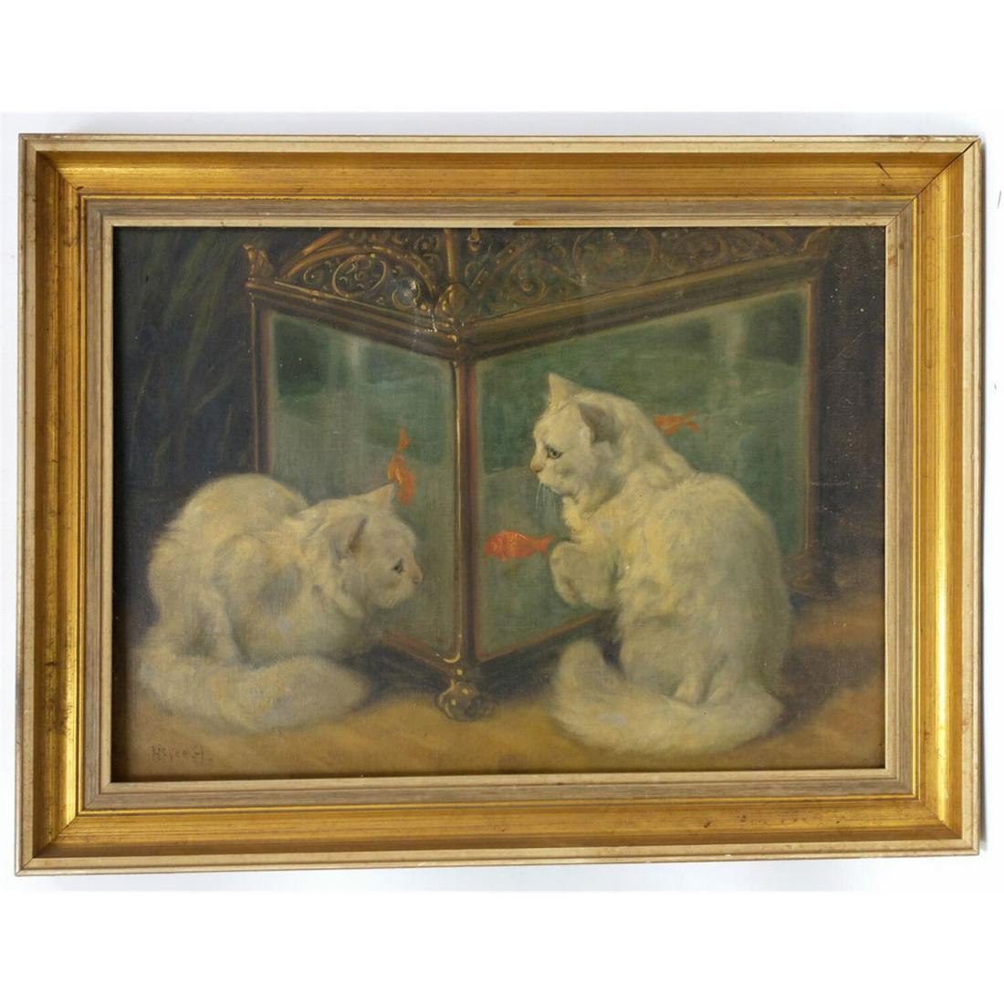 Large Painting Oil on Canvas by Arthur Hayer.: Large Painting Oil on Canvas by Arthur Hayer, German (1872-1931) "2 Cats & Gold Fishes". Signed Lower Left. In Original Frame. Condition: Generally Good w/ Some Paint Loss. Dimensions: Sight-27.5" x 1