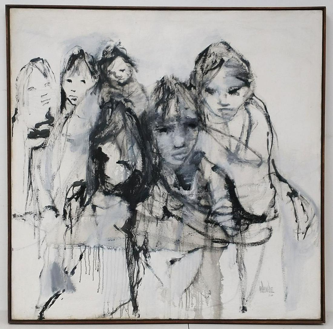 Large Painting Oil on Canvas by Gino Hollander.: Large Painting Oil on Canvas by Gino Hollander, American (1924-2015) "6 Girls" Signed Lower Right & Dated 2/1968. In Original Frame. Condition: Appears to be in Very Good Condition. Dimensions: Sight-