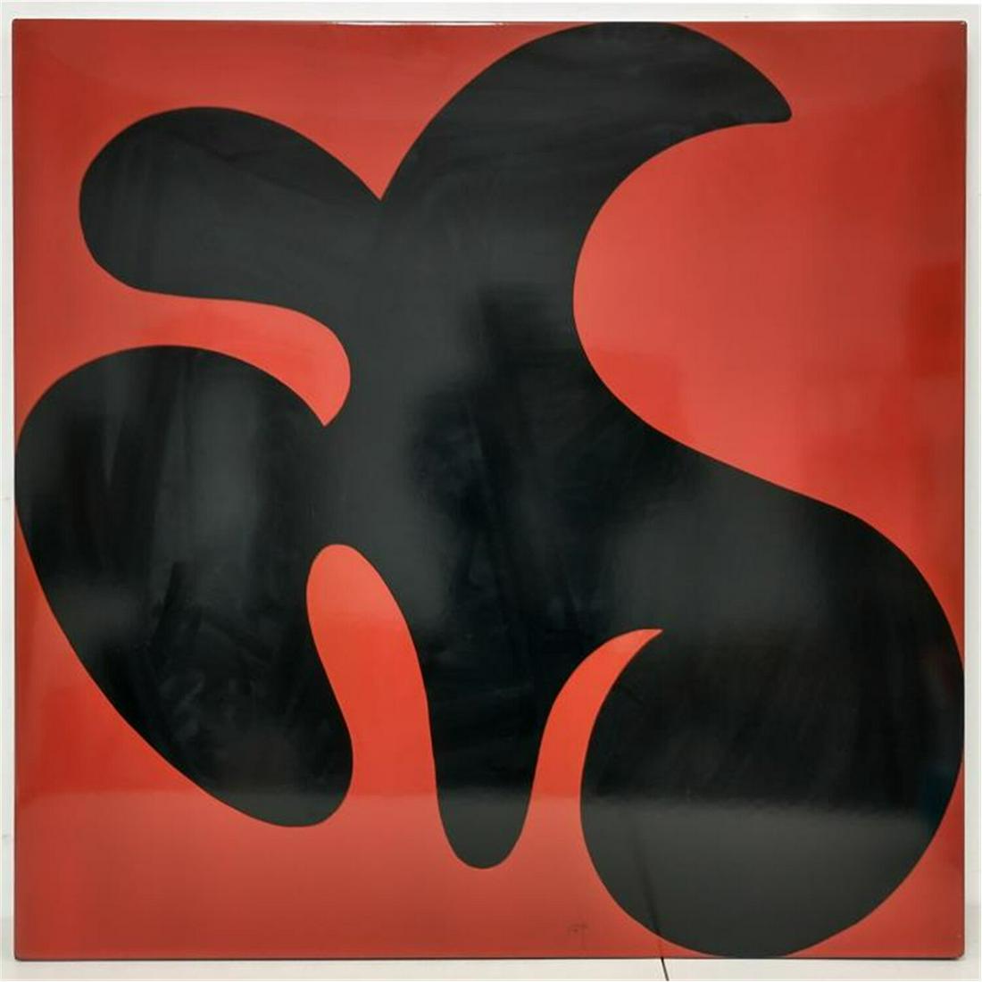 Rare Art Porcelain Enamel on Steel by Robert Flynn: Rare Art Porcelain Enamel on Steel by Robert Flynn, American (Born 1930). Titled "Black Space on Red". Signed & Numbered on the Back. 1/20. With a Paper Label from Lee Nordness Galleries, NY. Conditio