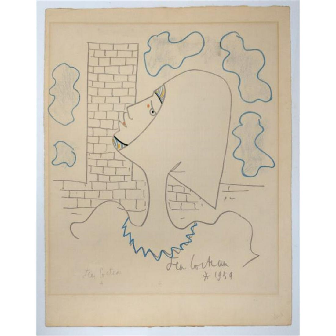 Lithograph/Print by Jean Cocteau, French.: Lithograph/Print by Jean Cocteau, French (1889-1963), Circa 1959. Hand Decorated. Signed Lower Left in Pencil. Unframed. Condition: Generally good condition according to age. Dimensions: Image-22" x 1