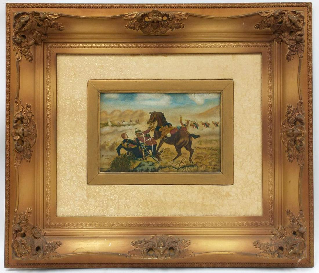 Antique Painting Oil on Canvas Signed T.S. Wilson: Antique Painting Oil on Canvas Signed T.S. Wilson & Inscribed "Transvaal War". Probably English.Condition: Generally Good Condition. Probably Original Frame.Dimensions: Sight-12" x 8". Frame-29" x 25"
