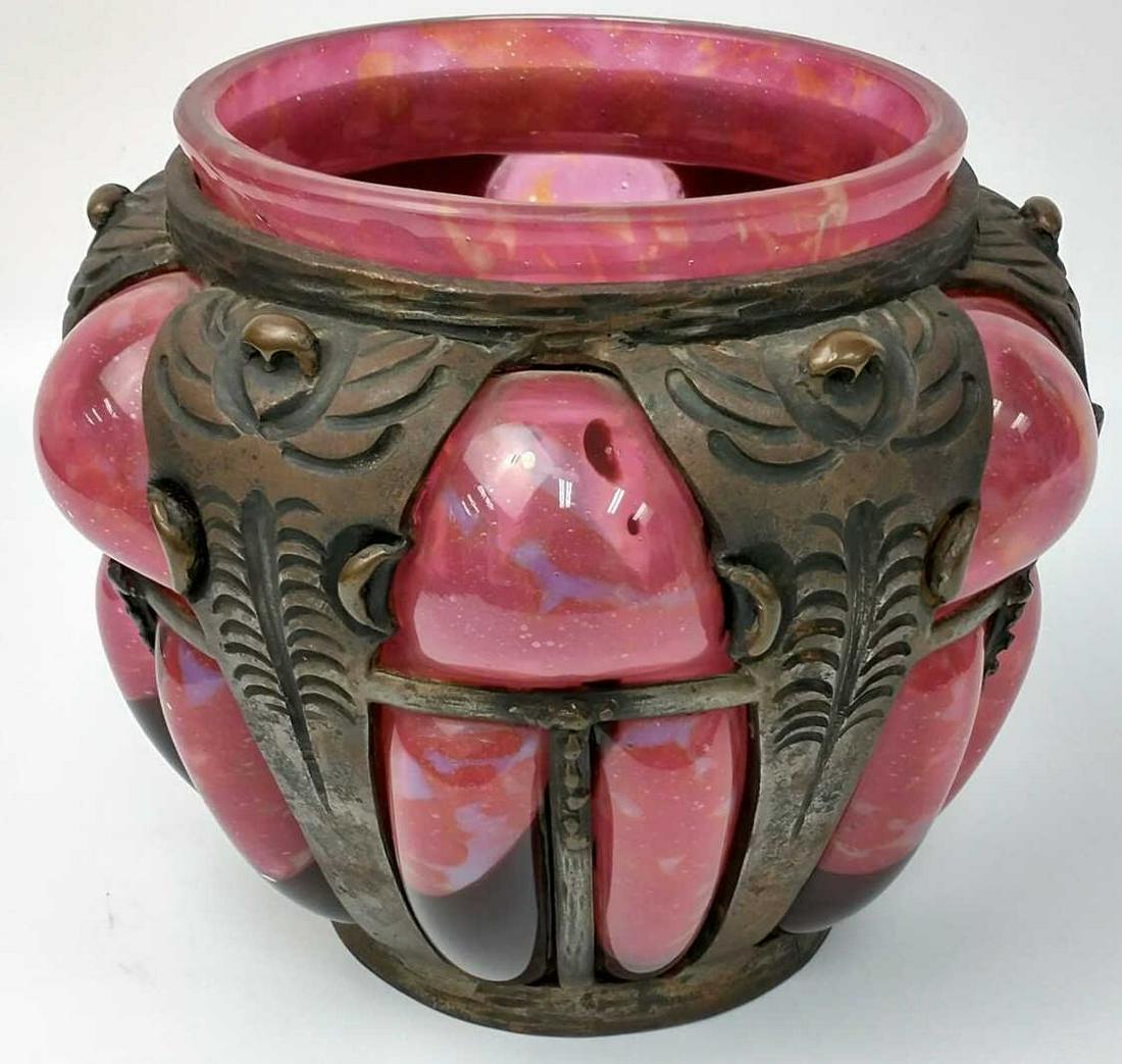 Daum Nancy & L. Majorelle Art Glass Vase.: Daum Nancy & L. Majorelle Art Glass Vase, Circa 1920's or 1930's. Signed at the Bottom. Condition: Has a crack at the bottom. Dimensions: H-7.5" x Dia-8". Provenance: From a Long Island, NY Home. Plea