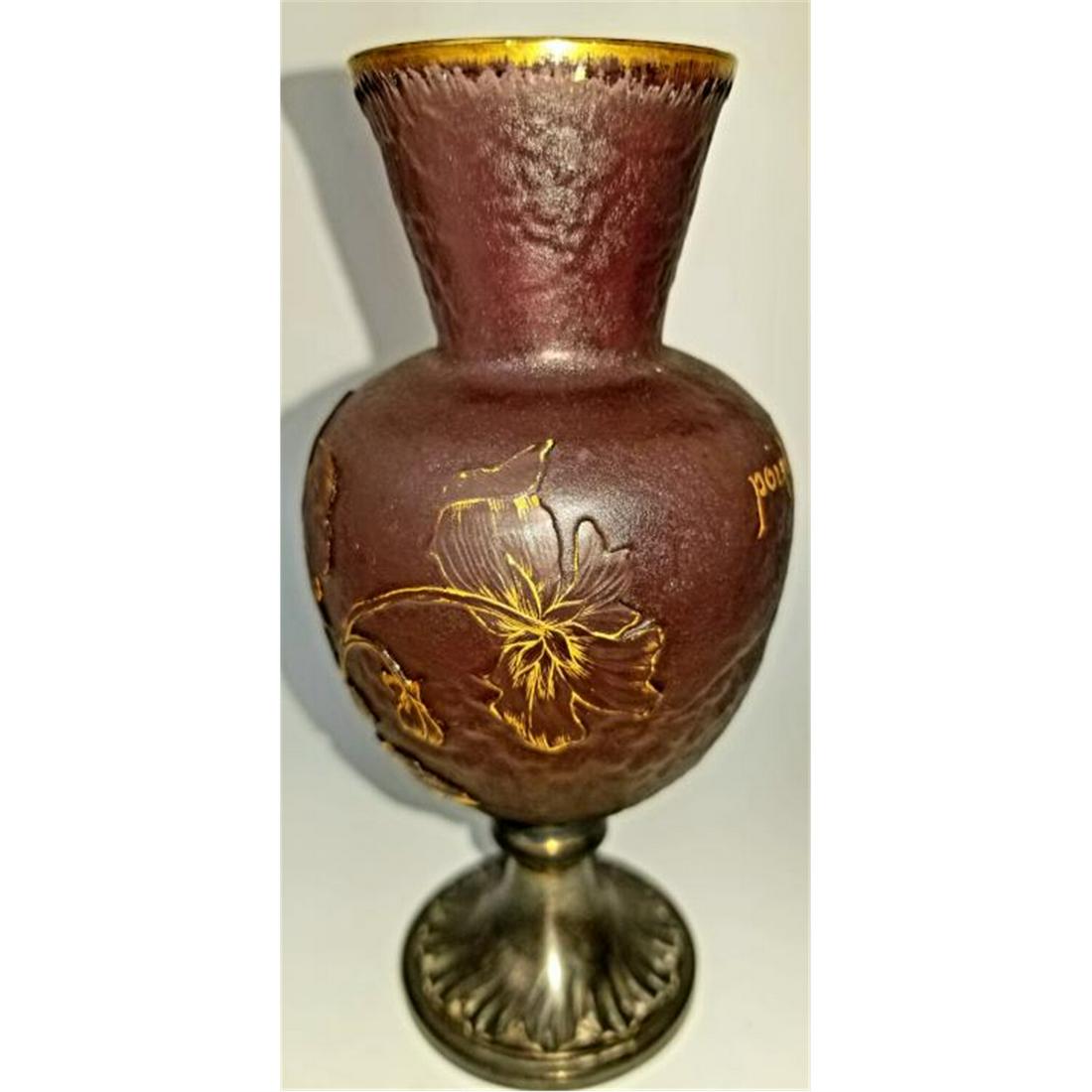 Daum Nancy Silver Mounted Art Glass Vase.: Daum Nancy Silver Mounted Art Glass Vase with Carved Flowers and French Quote, All Gold Gilt. Circa 1892. Condition: Generally Good Condition. Dimensions: H-5.25". Provenance: From a Long Island, NY H