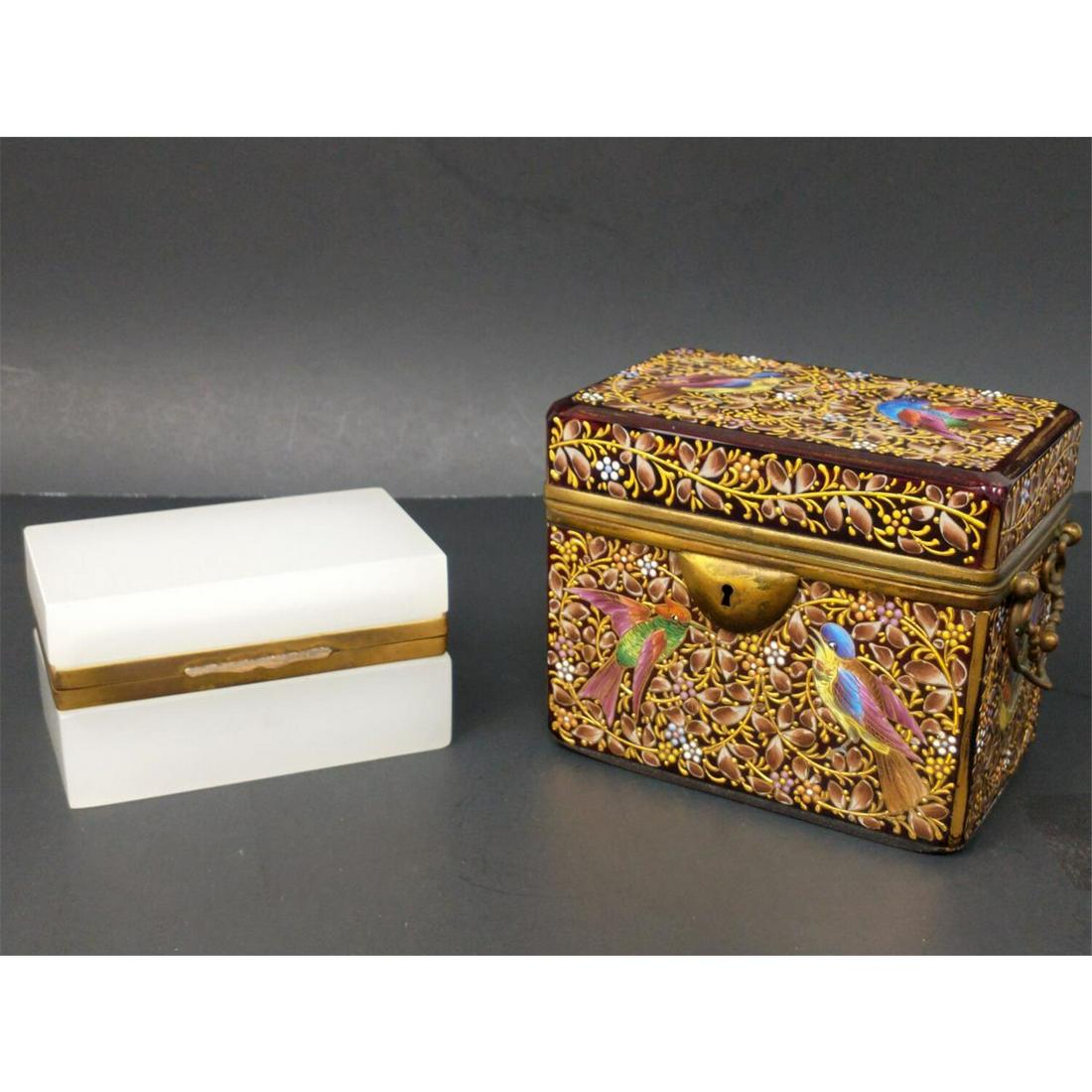 Exceptional Antique Bohemian Enameled Box & Opaline Box: Exceptional Antique Bohemian Enameled Ruby Red Glass Box, Possibly Moser, with Heavy Decorations of Birds & Flowers & 2 Handles, Along with an Antique White Opaline Glass Box. Condition: Bohemian Glas