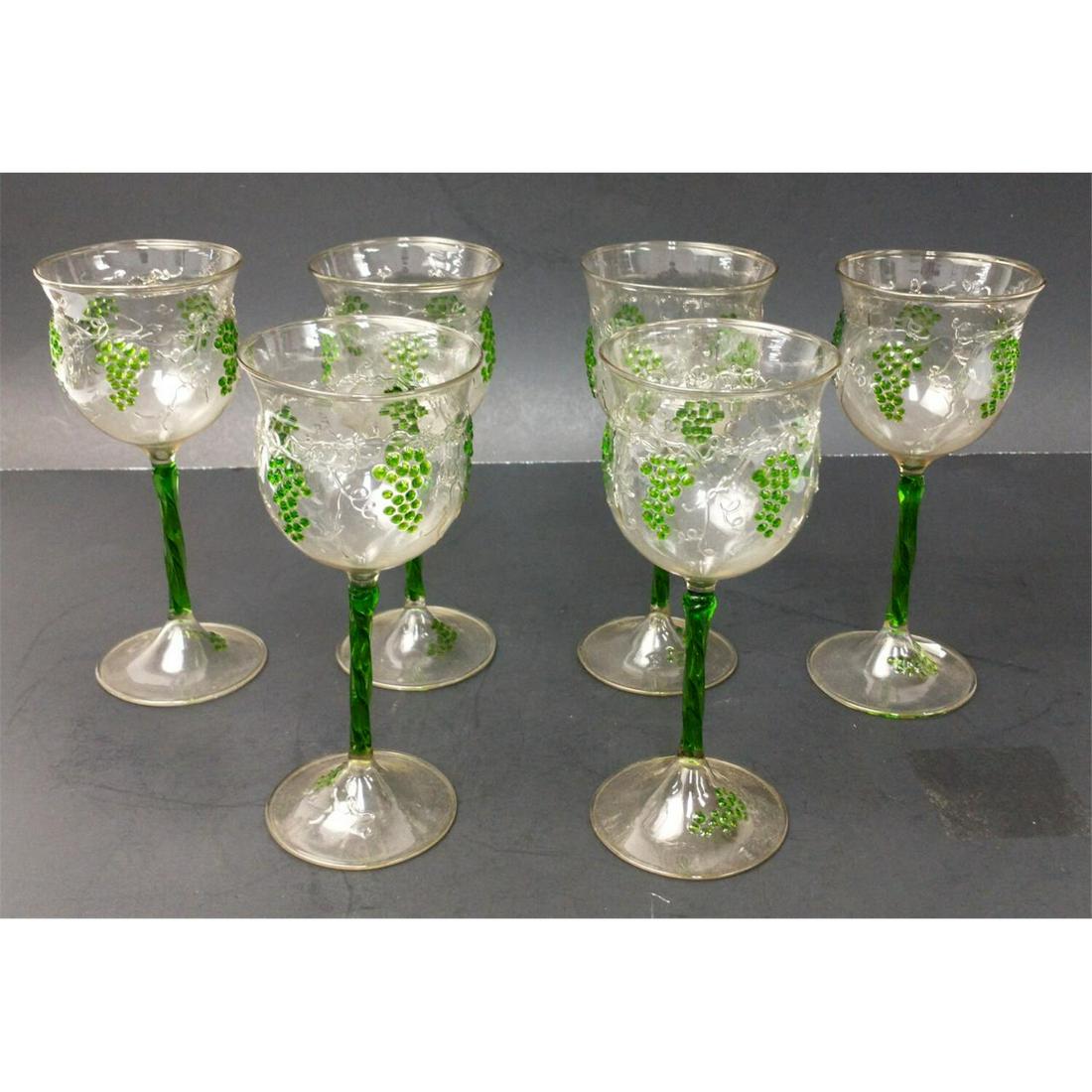 Lot of 6 Vintage Bimini Wine Glasses.: Lot of 6 Vintage Bimini Wine Glasses with Applied Green Grapes & Stems. Condition: Excellent Condition. Dimensions: H-6.25". Provenance: From a Long Island, NY Home. Please note the absence of a condi