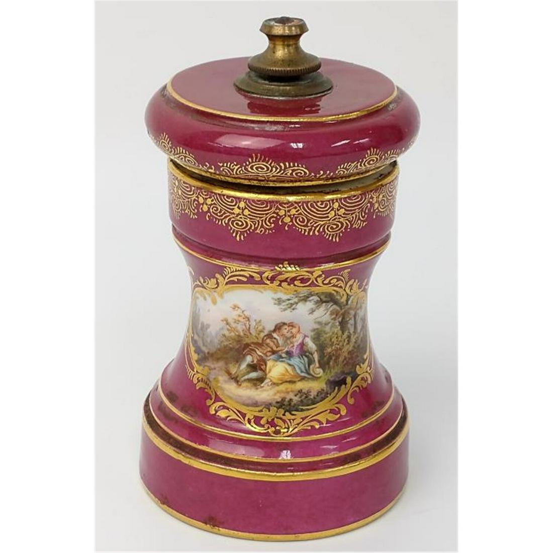 Meissen German Porcelain Pepper Mill, Wateau.: Meissen German Porcelain Pepper Mill, with Wateau Painting. Early 20thC. Condition: Generally Very Good Condition. Dimensions: H-4". Provenance: From a Long Island, NY Mansion. Please note the absence