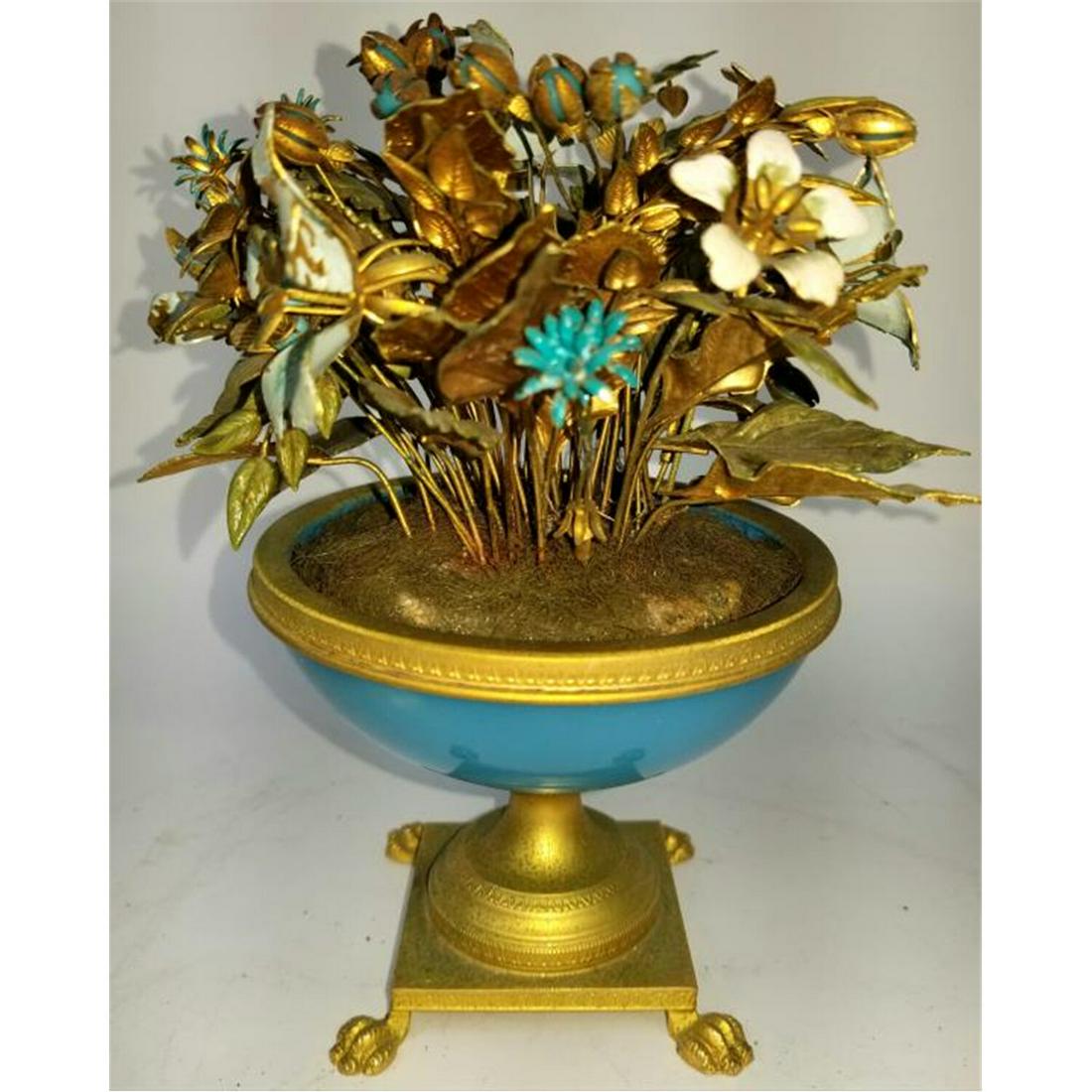 Jane Hutcheson Gorham Enameled Floral: Jane Hutcheson Gorham Enameled Floral Arrangement w/ Blue Glass or Porcelain. Condition: Generally Good As Found w/ Enamel Loss & Greening.Dimensions: H-7" x Dia-6".Provenance: From a Long Island, NY 