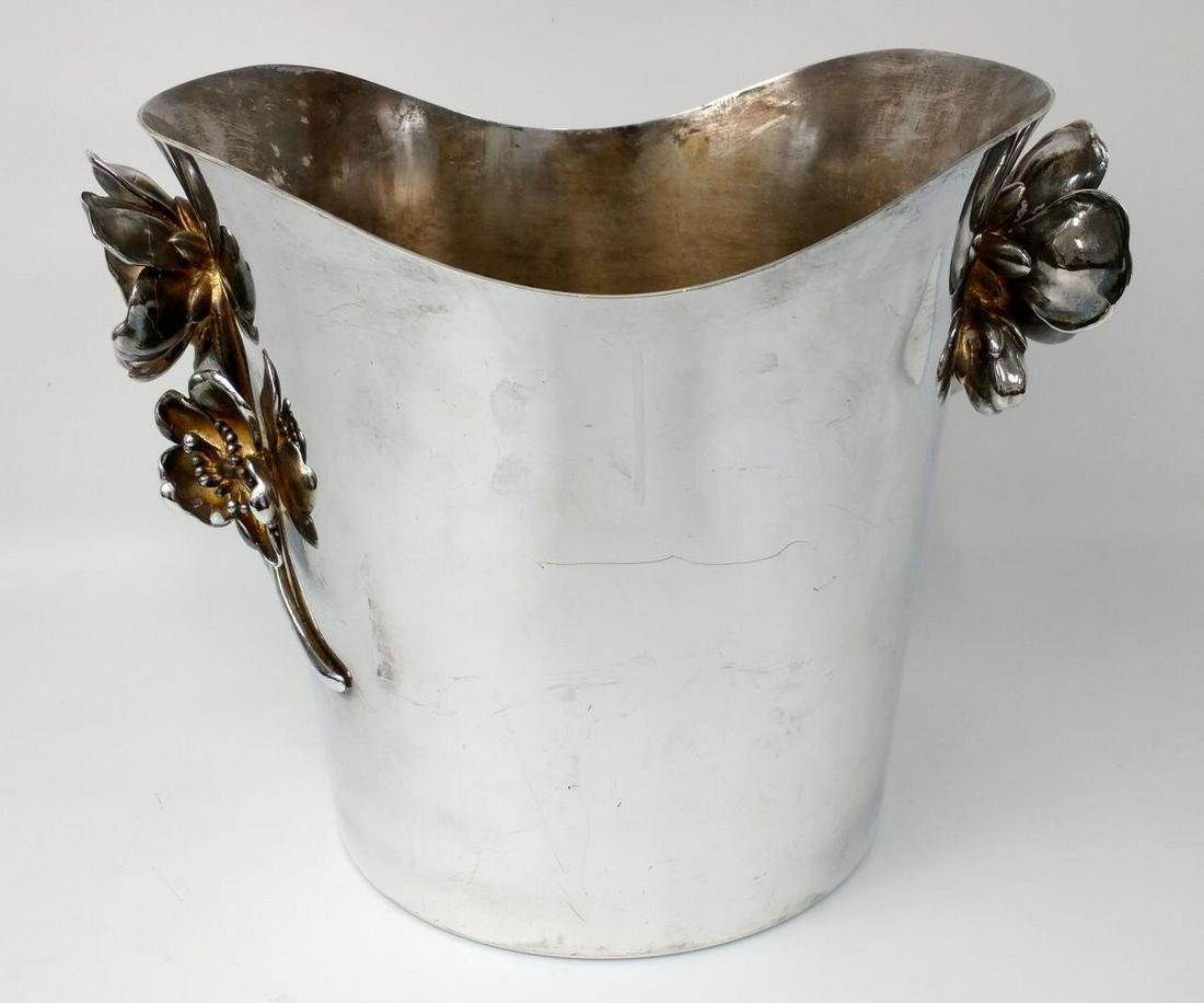 Christofle France Champagne Ice Bucket.: Christofle France Champagne Ice Bucket, Collection Perrier Jouet. Silver Plate. Condition: Excellent Condition. Dimensions: H-9.25" x L-11.5" x W-8.75". Provenance: From a Long Island, NY Home. Please
