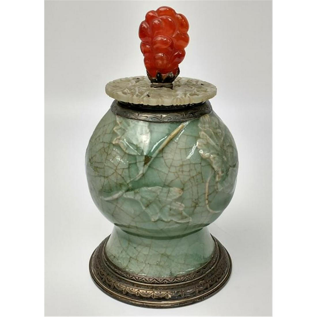 Edward Farmer Sterling Silver Chinese Inkwell.: Exceptional Antique Edward Farmer, New York Sterling Silver, Chinese Ming Dynasty Porcelain, Agate & Jade Inkwell. Condition: Generally Good Condition. Dimensions: H-6". Provenance: From a Long Island