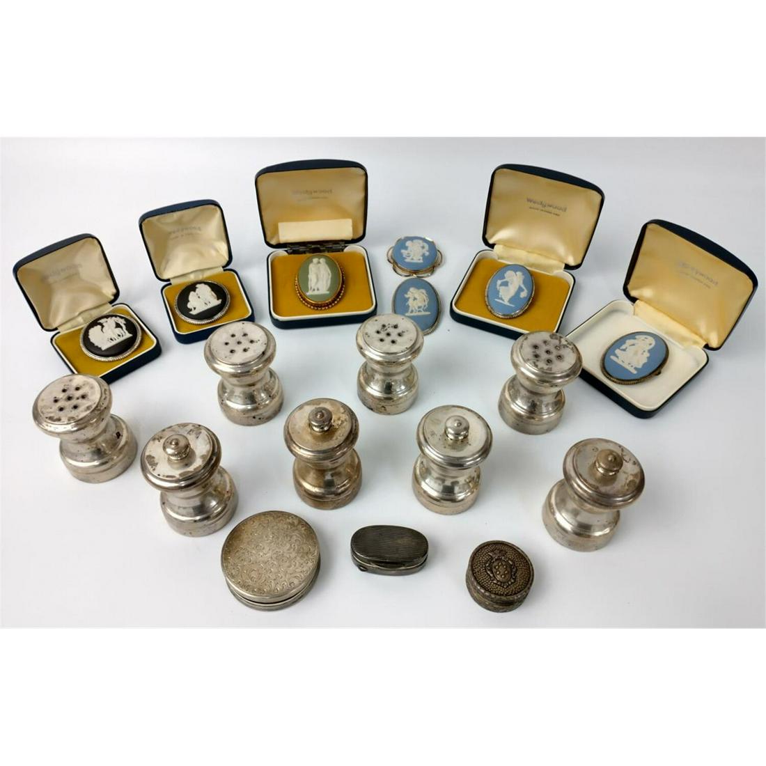 Lot of 18 Sterling Silver & Other Items: Group Lot of 18 Pieces Including 8 Sterling Silver Salt & Pepper Shakers Retailed by James Robinson, NY in Original Bags, 3 Small Silver Boxes & 7 Wedgwood Pins/Brooches (5 in Original Boxes).Conditio