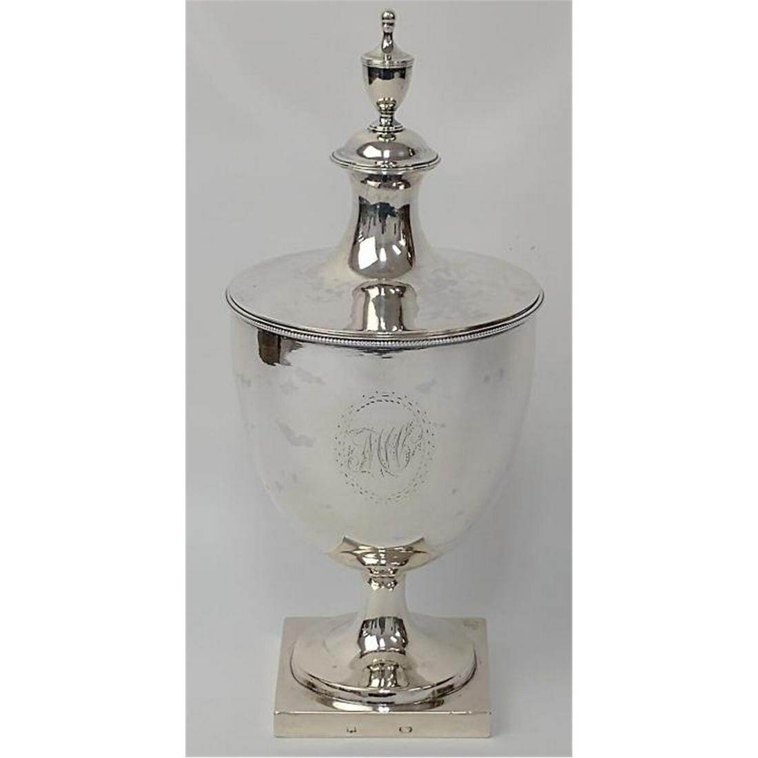 Rare American Coin Silver Large Sugar Bowl 1790: Rare & Exceptional American Coin Silver w/ Square Base Large Sugar Bowl by John Vernon, New York, c.1790. Fully Hallmarked. Monogrammed.Condition: Generally Very Good ConditionDimensions: H-9.5" x Dia