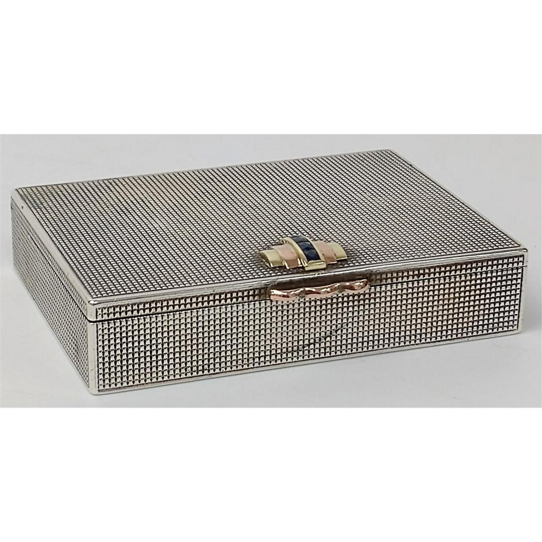 Sterling Silver, 14K Gold & Blue Stones Card Case: Art Deco Sterling Silver, 14K Gold & Blue Stones Card Case. Fully Hallmarked. Condition: Generally Good w/ Very Minor Dents.Dimensions: 3" x 2.25".Total Weight: 84.2g/2.7ozt.Provenance: From a Long Is