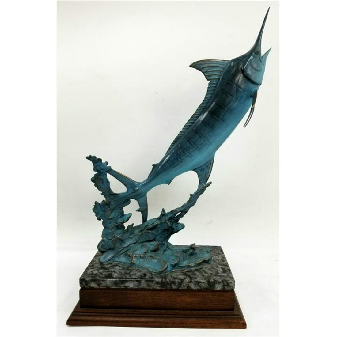 Bronze Figure of a Fish by Kent Ullberg, American.: Bronze Figure of a Fish by Kent Ullberg, American (Born 1945) w/ Blue & Gold Patina. Signed & Numbered 13/35. On Marble & Wood Base. Condition: Excellent Condition. Dimensions: Total H-23" x L-15". Pr
