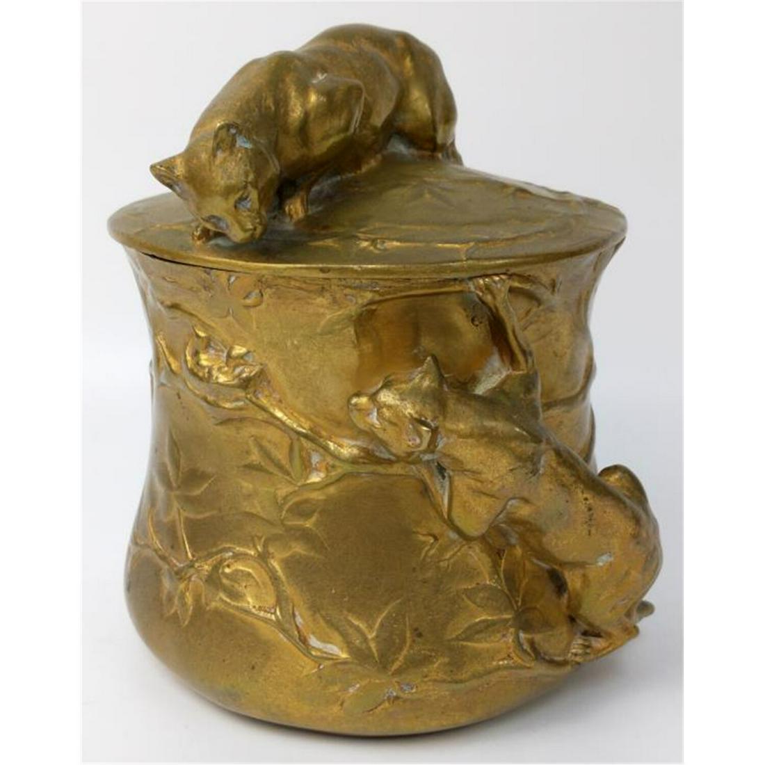 Art Nouveau Bronze Covered Jar by Georges Gardet.: Art Nouveau Bronze Covered Jar by Georges Gardet, French (1863-1939) Depicting 2 Jaguars. With Foundry Mark of Siot Paris. Condition: Generally Very Good. Dimensions: Total H w/ Cover-6" x Dia-5". Pro
