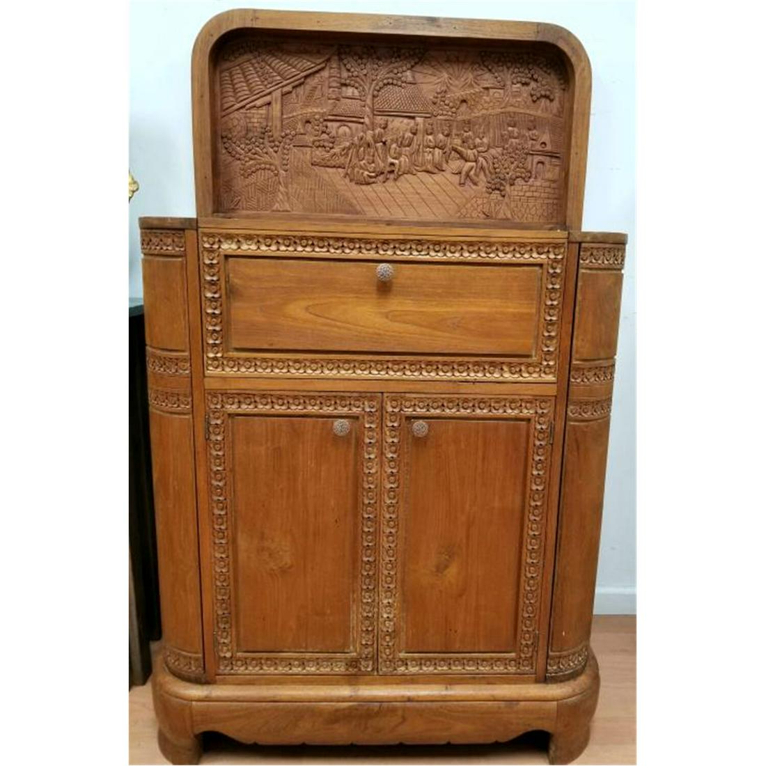 Vintage Carved Solid Wood Liqueur Cabinet: Vintage Carved Solid Wood Liqueur Cabinet w/ Brass Handles & Several Compartments.Condition: Generally Very GoodDimensions: L-35" x W-18" x H-43".Provenance: From an Estate in the South Shore on Long 