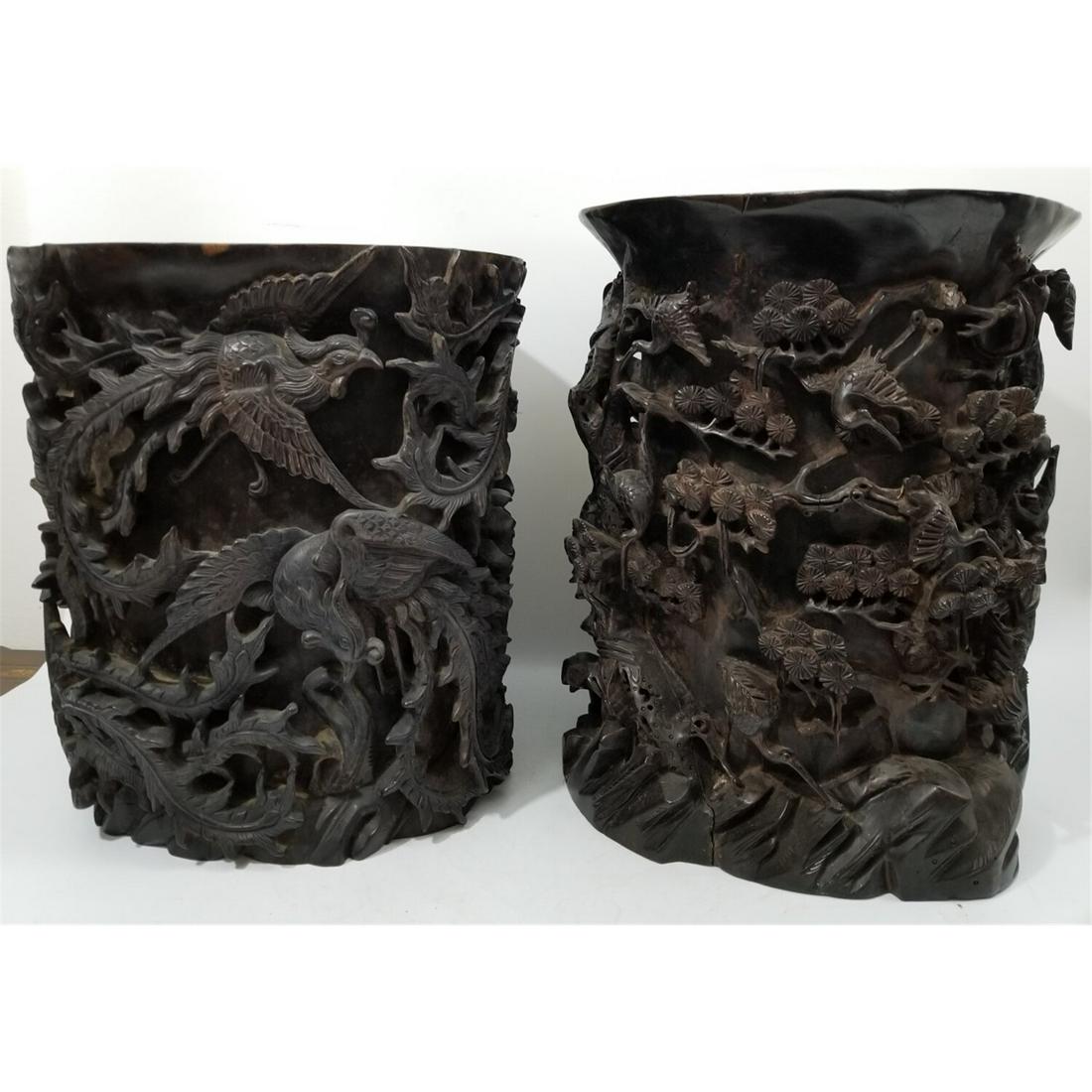 2 Chinese Antique Carved Teak Wood Planters.: 2 Chinese antique Carved Teak Wood Planters. Condition: Generally Good Condition w/ a Couple Separations & Detachments. Dimensions: Taller- H-15.5" x Dia-13". Provenance: From a New Jersey Estate. Ple