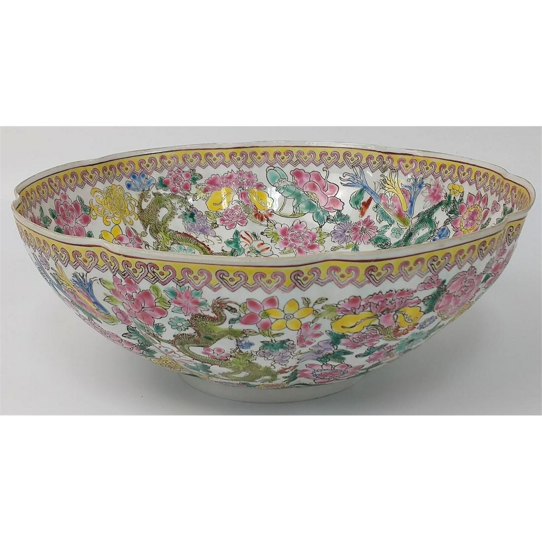 Chinese Eggshell Porcelain Bowl.: Chinese Eggshell Porcelain Bowl with Decorations of Dragons & Flowers, Signed. Condition: Generally Good Condition. Dimensions: H-3.5" x Dia-9.5". Provenance: From a Park Avenue, New York Home. Please