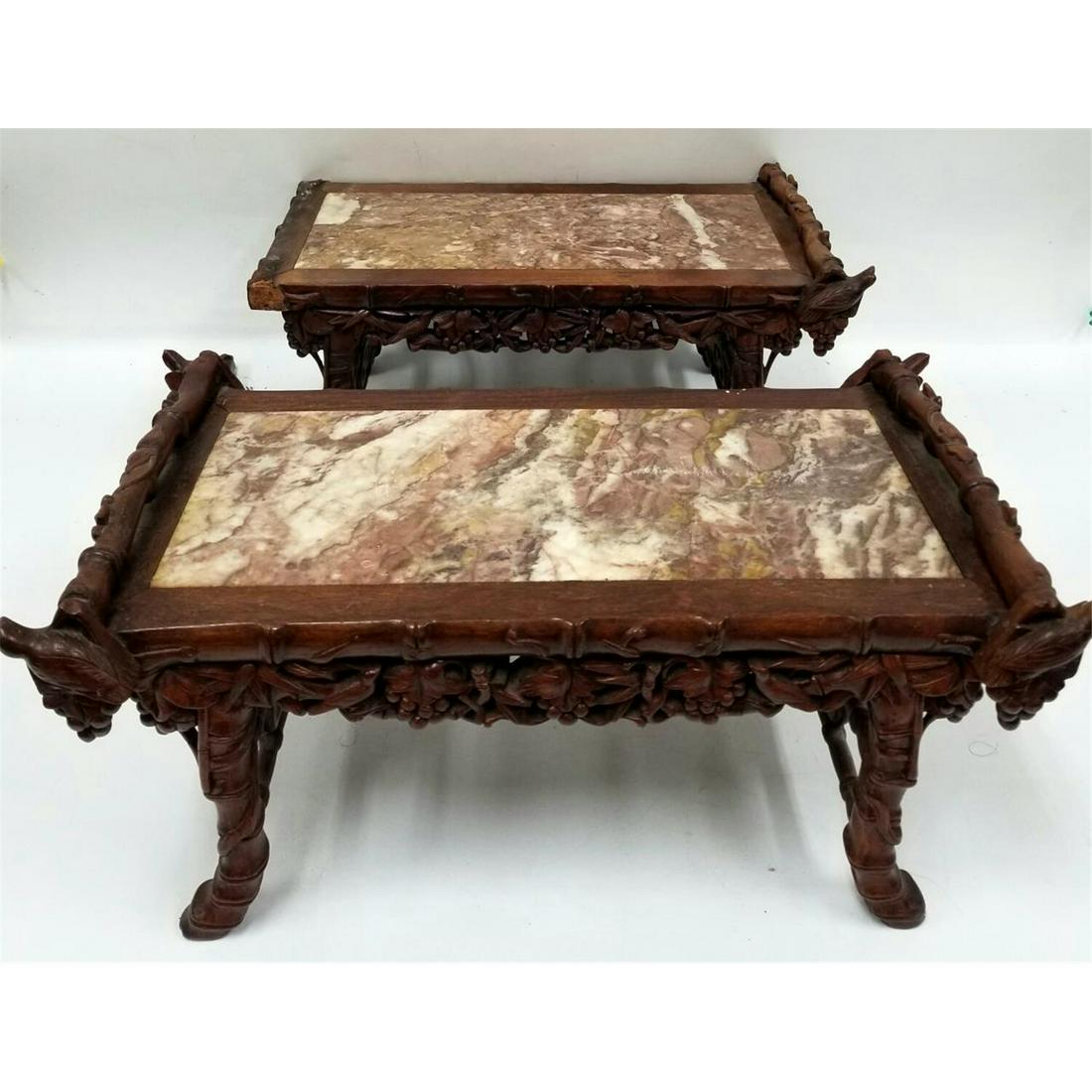 Pair Unusual Chinese Teak Wood Miniature Tables: Pair of Unusual Chinese Carved Teak Wood Miniature Tables w/ Marble top. Condition: 1 is Generally Good. The Other is Loose & Missing Pieces. Dimensions: L-17" x W-9.5" x H-8" Each.Provenance: From a