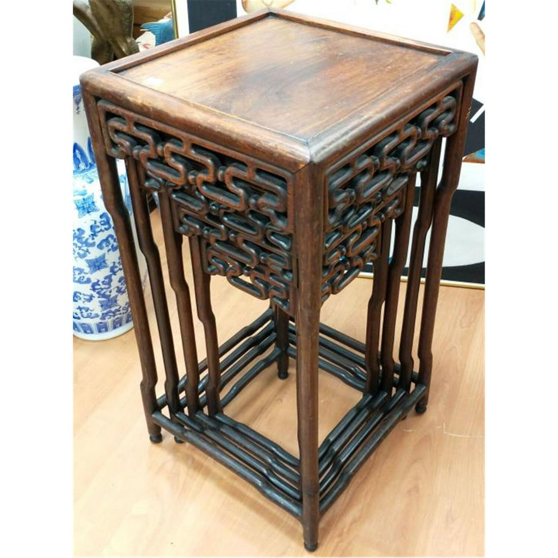 Antique Chinese Carved Wood Nesting Tables, Signed: Antique Chinese Carved Wood Nesting Tables, Signed at the bottom of all tables. Condition: Generally Good. Dimensions: Tallest- H-29". Top-15" Square.Provenance: From a Long Island, NY Home.Please not