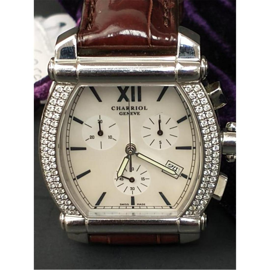 Ladies Charriol Geneve Columbus Swiss Made Watch: Ladies Charriol Geneve Columbus Swiss Made Watch w/ Diamond Bezel, Mother of Pearl Face & Leather Band. Number 356. Reference 060T. Condition: Excellent Condition. Dimensions- Face- 1.25" x 1.25". Pro