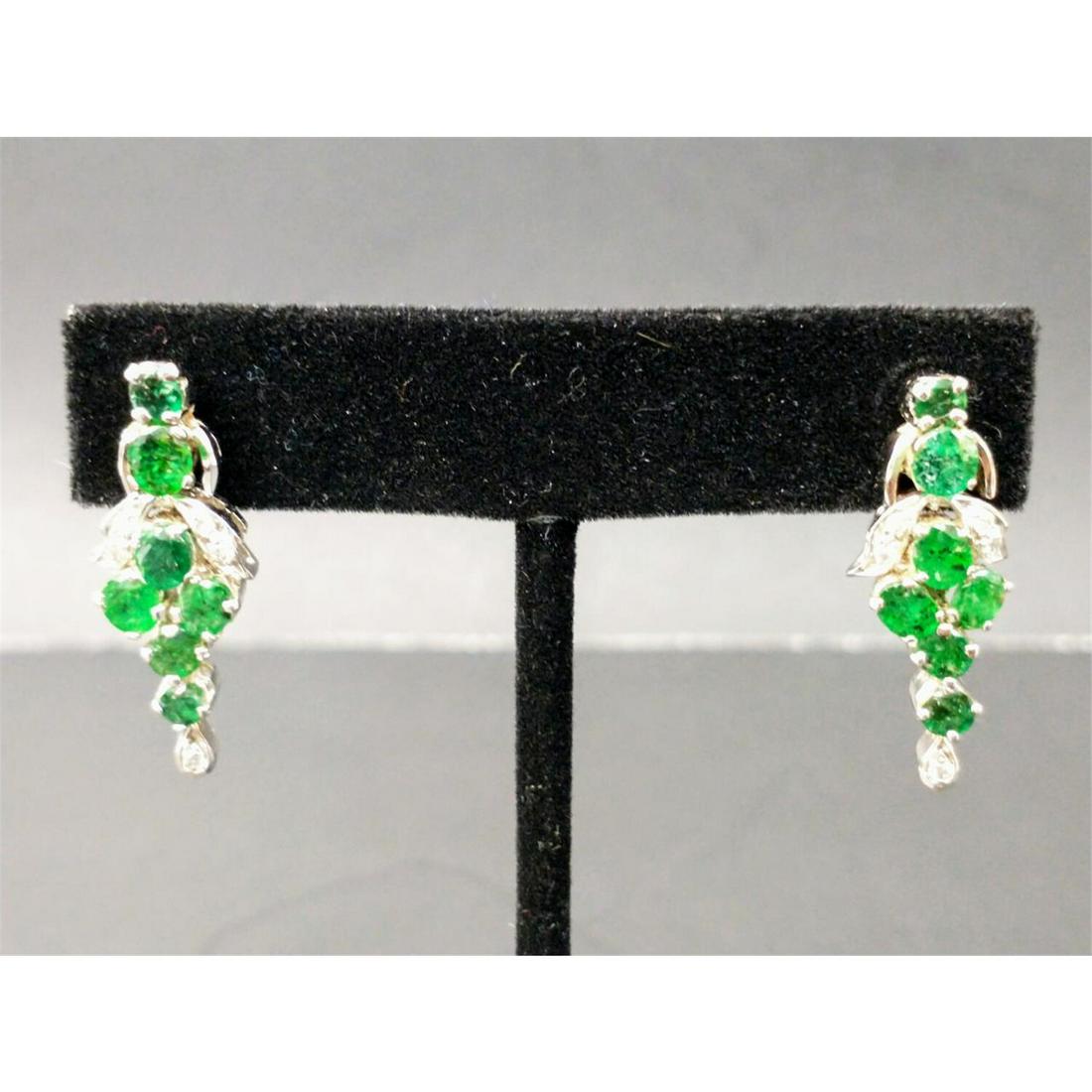 Vintage 14K White Gold, Emerald & Diamond Earrings: Pair of Vintage 14K White Gold, Emerald & Diamond Earrings. Condition: Needs Earring Backing. Generally Good Condition. Dimensions: L-1.25". Total Weight: 4.9g. Provenance: From a Queens, New York Hom