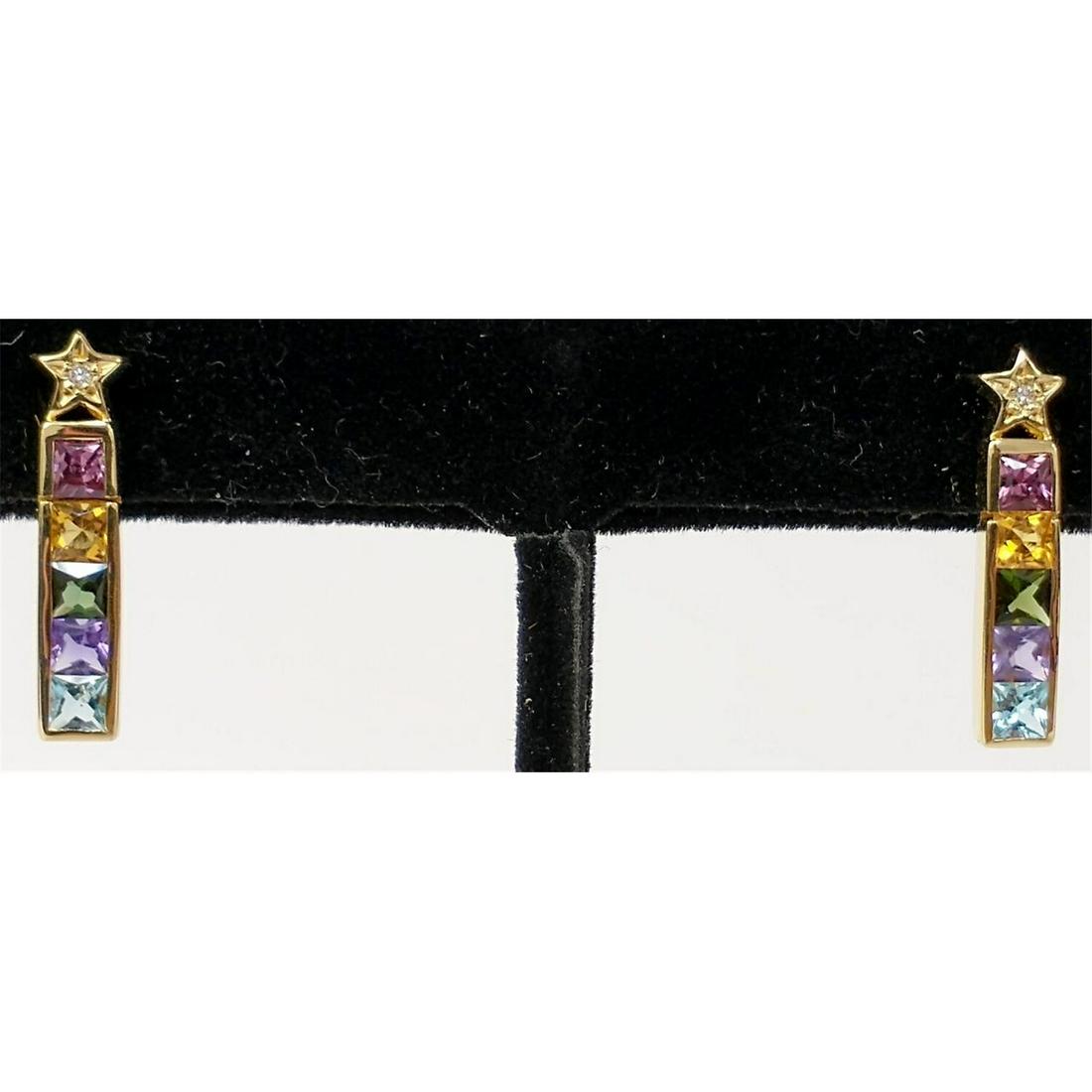 Unusual 18K Gold Pair of Earrings.: Unusual 18K Gold Pair of Earrings with Various Multi Colored Stones. Condition: Excellent. Dimensions: L- .8". Total Weight: 4.2g./2.7dwt. Provenance: From a Long Island, NY Mansion. Please note the a