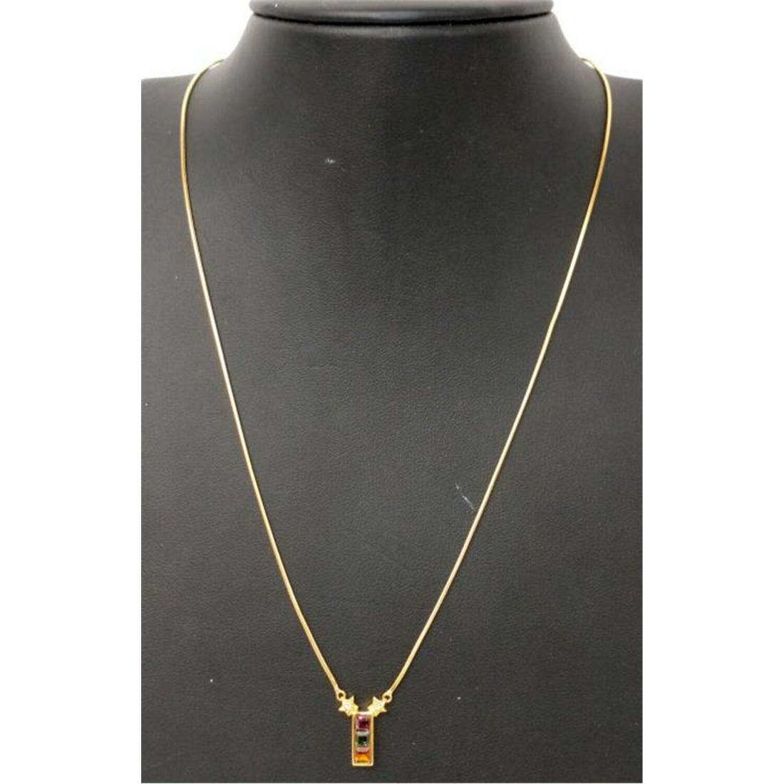 Unusual 18K Gold Pendant & Necklace.: Unusual 18K Gold Pendant with Various Multi Colored Stones on a 18K Gold Chain. Condition: Excellent. Dimensions: L- 19". Total Weight: 5.9g./3.8dwt. Provenance: From a Long Island, NY Mansion. Please
