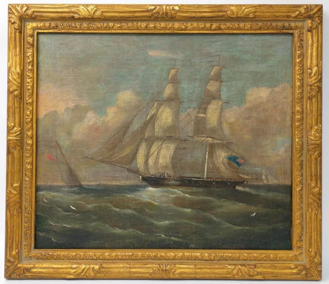 Painting Oil on Canvas, 19thC English Ship.: Painting Oil on Canvas 19thC English with a Plaque on the Reverse that says "H.M. Brig "Waterwitch" 10 Guns. Formerly the Earl of Belfast's Yacht. Purchased by the Admiralty 1834. H. J. Vernon". Condi