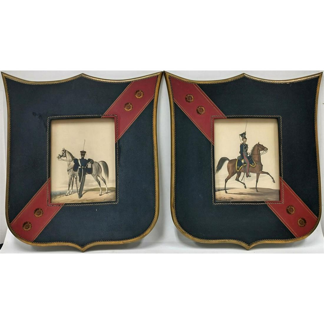 Pair of Antique European Prints.: Pair of Antique European Prints of Soldiers & Horses in Unusual Crest Shaped Hand Made & Decorated Frames. Condition: Generally Good Condition. Dimensions: Sight-11" x 9". Frame-22" x 20". Provenance: